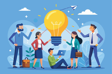 Poster - Collaboration among team members to generate innovative ideas in a creative environment with bright light and supportive atmosphere