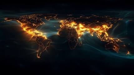 Poster - Illuminating digital world map visualization with radiant glowing lines global graphic design futuristic aerial view tech concept