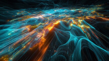 Poster - Illuminating digital connectivity global world map with radiant glowing lines in a virtual environment