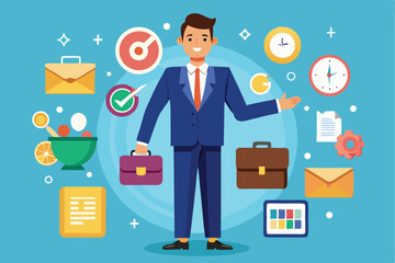 Poster - Businessman standing confidently with briefcase and business-related icons in vibrant colors, showcasing professionalism and modern skills in a digital environment