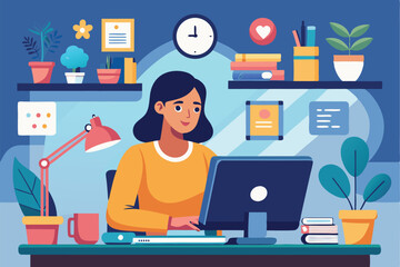 Poster - Woman working at desk, focusing on various websites in a home office setting with plants and decorative items during day