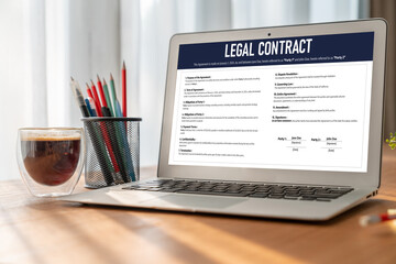 Poster - digital legal contract provide terms and conditions document on computer screen ready for online dig