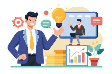Poster - Businessman presents innovative solutions during a strategy meeting, showcasing growth and collaboration in a modern office environment