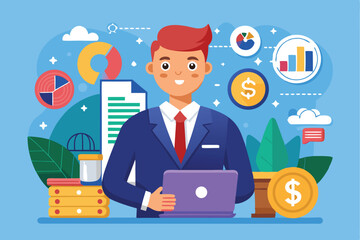 Poster - Professional business character working with laptop in modern office environment, surrounded by financial symbols and charts illustrating market trends and growth opportunities