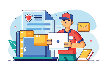 Poster - Delivery person holding a package alongside documents and mail at a workspace in a bright, modern illustration depicting efficient work environment