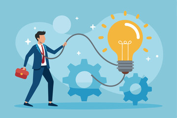 Poster - Project initiation concept featuring businessman connecting ideas with gears in a creative work environment
