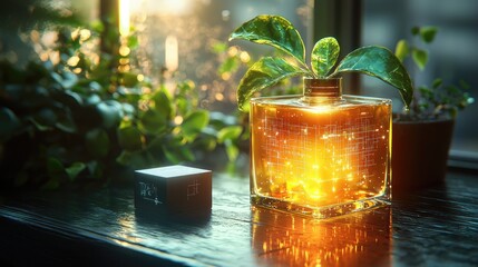 Leinwandbilder - A plant growing in a glowing cube-shaped bottle.