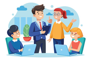 Poster - Business professionals engaged in a lively discussion about presentation techniques during a training session in a modern office environment