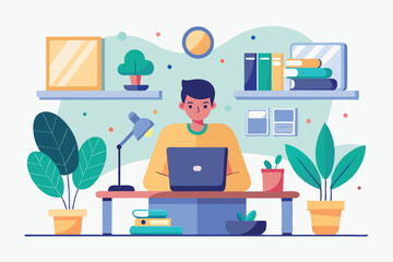 Poster - Vector illustration showcasing a modern workplace environment featuring a young professional engaged in work at a desk with plants and organized supplies