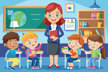 Poster - Classroom setting with a joyful teacher interacting with happy school children during a lesson in a vibrant educational environment