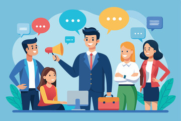 Poster - Illustration of team members discussing ideas with speech bubbles and digital devices in a modern workspace during a collaborative session