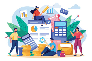 Poster - People engaged in budget bookkeeping with financial documents, graphics, and tools in a creative workspace setting during daytime