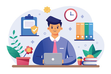 Poster - Employee probation vector illustration showing a professional working at a desk with a laptop, surrounded by plants, books, and clock, representing productivity and assessment in the workplace
