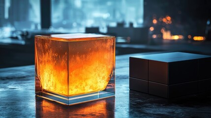 Leinwandbilder - Burning cube on a dark surface.