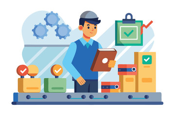 Poster - Flat illustration of quality control manager inspecting products in a quality assurance process in a modern manufacturing facility