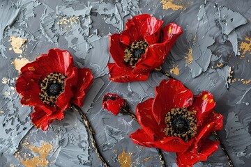 Poster - Bold red flowers on textured gray backdrop with hints of gold Floral art