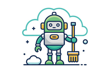 Poster - Line icon depicting a cheerful robot with a rounded helmet holding a broom, designed for fun and simplistic illustration purposes in technology and robotics themes