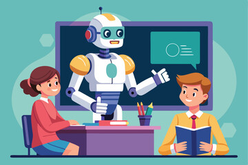 Poster - Educational robot assists students in a modern classroom by guiding lessons with interactive technology