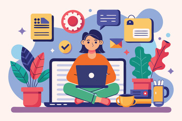 Aufkleber - Engaging blogging concept illustration depicting a person working at a laptop surrounded by plants and digital icons in a cozy workspace