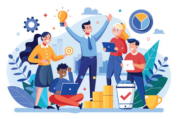 Poster - Team collaborates in a vibrant office setting focused on achieving business success through innovative ideas and shared goals during a strategic meeting