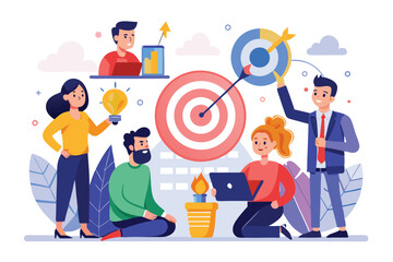 Poster - Team collaboration in a flat design concept showcasing diverse individuals working to build an organization and achieve shared goals in an engaging and vibrant workspace