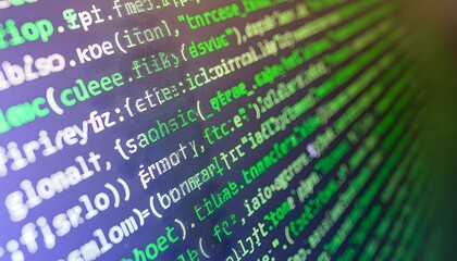 abstract digital code on a dark background with green and white text