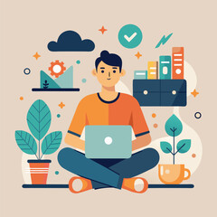 Poster - Remote work concept with a person using a laptop surrounded by plants and office elements in a modern flat design