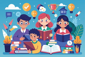 Poster - Cartoon students engaged in learning and collaboration while studying in a vibrant classroom environment with books, awards, and creative icons around them