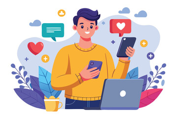 Poster - Social media influencer engaging with audience through phone and laptop while working from a creative workspace surrounded by colorful plants