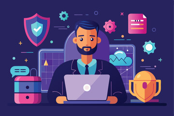 Aufkleber - Man utilizing artificial intelligence for cybersecurity analysis and protection in a modern workspace with digital elements