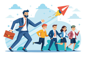 Poster - Businessman leading a team toward success with determination and a focus on innovation in a collaborative environment