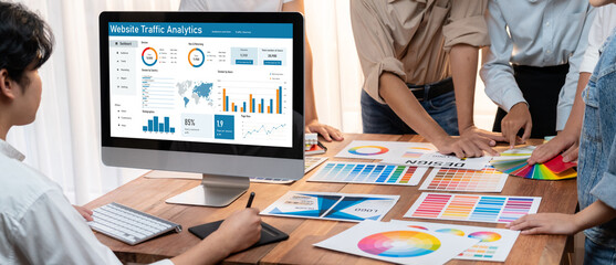 Poster - Computer software for website traffic analytics data on computer screen. Concept of SEO search engine optimization and customer targeting for online business brisk