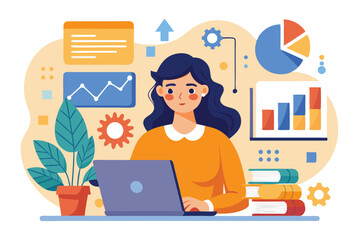 Poster - Business data analysis by a woman in a flat illustration with charts, graphs, and a laptop in a bright workspace setting
