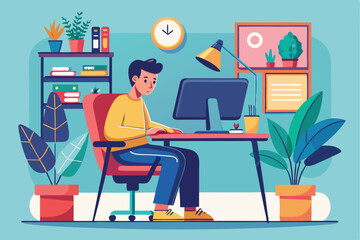 Poster - Freelancer working on computer at home surrounded by plants in a cozy and modern workspace during daytime