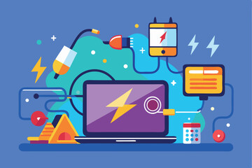 Aufkleber - Electrical issues with laptops illustrated through colorful elements and tools highlighting common problems faced by users