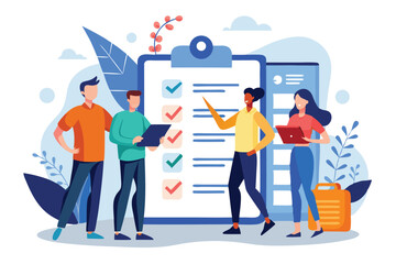 Poster - Office work team discussing document checklist for business tasks during morning meeting in a collaborative workspace