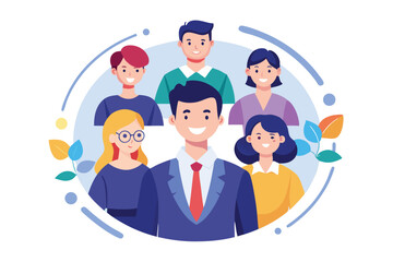 Poster - Team of dedicated employees collaborating with their business leader in a professional setting to enhance productivity and teamwork