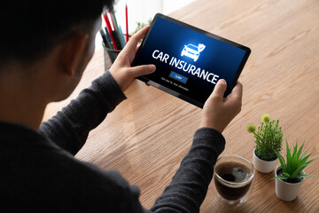 Poster - car insurance online website on computer screen for insure your car damage snugly