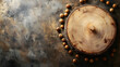 © Erika - un fondo rustico con espacio de copia con un trozo de madera o de arbol corteza rodeado de cuentas de madera
