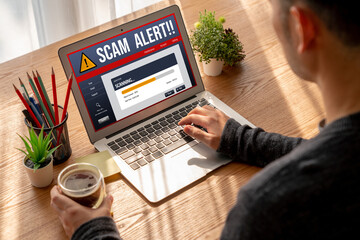 Poster - Cyber security software show alert of cyber attack for protection snugly. Danger from virus, phishing and cyber fraud.