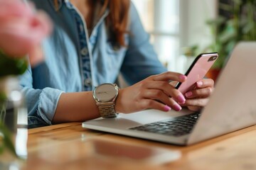 Poster - Woman working on laptop and checking smartphone at table with flowers in background