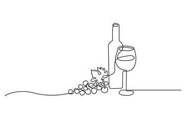 Poster - Bottle of wine with wineglass and grape bunch in continuous line art drawing style. Minimalist black linear sketch isolated on white background. Vector illustration