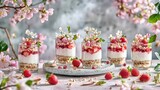 Delicate strawberry dessert parfaits adorned with spring blossoms.