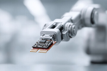Poster - Precise robotic arm delicately holds a microchip. Hightech manufacturing, automation, future technology. Concept of AI, machine learning  innovation.