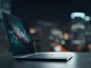 Poster - Sleek laptop displaying a vibrant network visualization against a blurred cityscape. Represents connectivity, technology, data, and innovation. Ideal for tech  business.