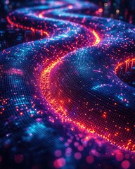 Fototapete - Glowing AI Network Grid in Wave Formation