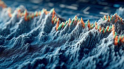Poster - A 3D financial graph resembling mountain peaks, with colored spikes illustrating dynamic market fluctuations on a digital grid
