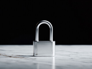 Poster - Sleek metal padlock on marble against a dark backdrop. Symbolizing security, privacy, and protection. Ideal for finance, technology, and trust themes.