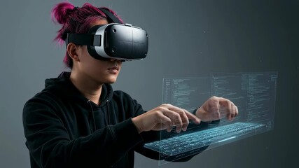 Poster - asian man using virtual reality headset with futuristic keyboard and screens. immersive coding and m