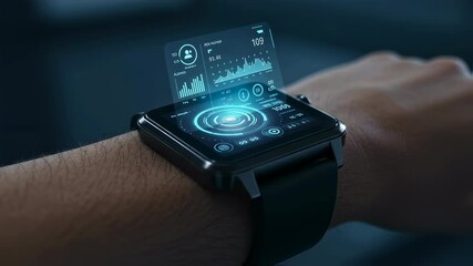Poster - man wearing a smartwatch with a futuristic holographic display showing health data and statistics, i